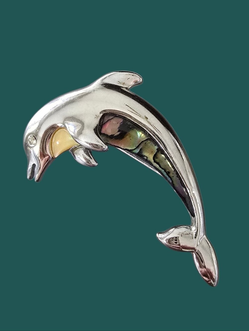 Vintage Silver-Tone Dolphin Brooch with Abalone Inlay